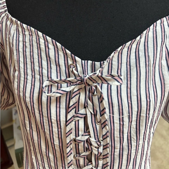 HAYDEN L.A. LACE UP ON OFF SHOULDER PUFF SLEEVE PINK STRIPE MINI DRESS SZ L NWT - Picture 9 of 13